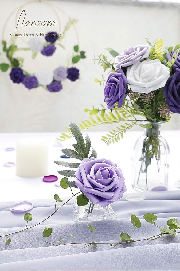Artificial Flowers 25pcs Real Looking Violet Purple Ombre Colors Foam Fake Roses - Image 2