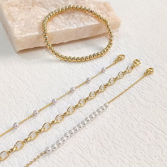 Zeffy Gold Pearl Beaded Bracelet for Women, 14K Gold Plated Jewelry Set With Paperclip Link Chain, Trendy Stack Bracelets