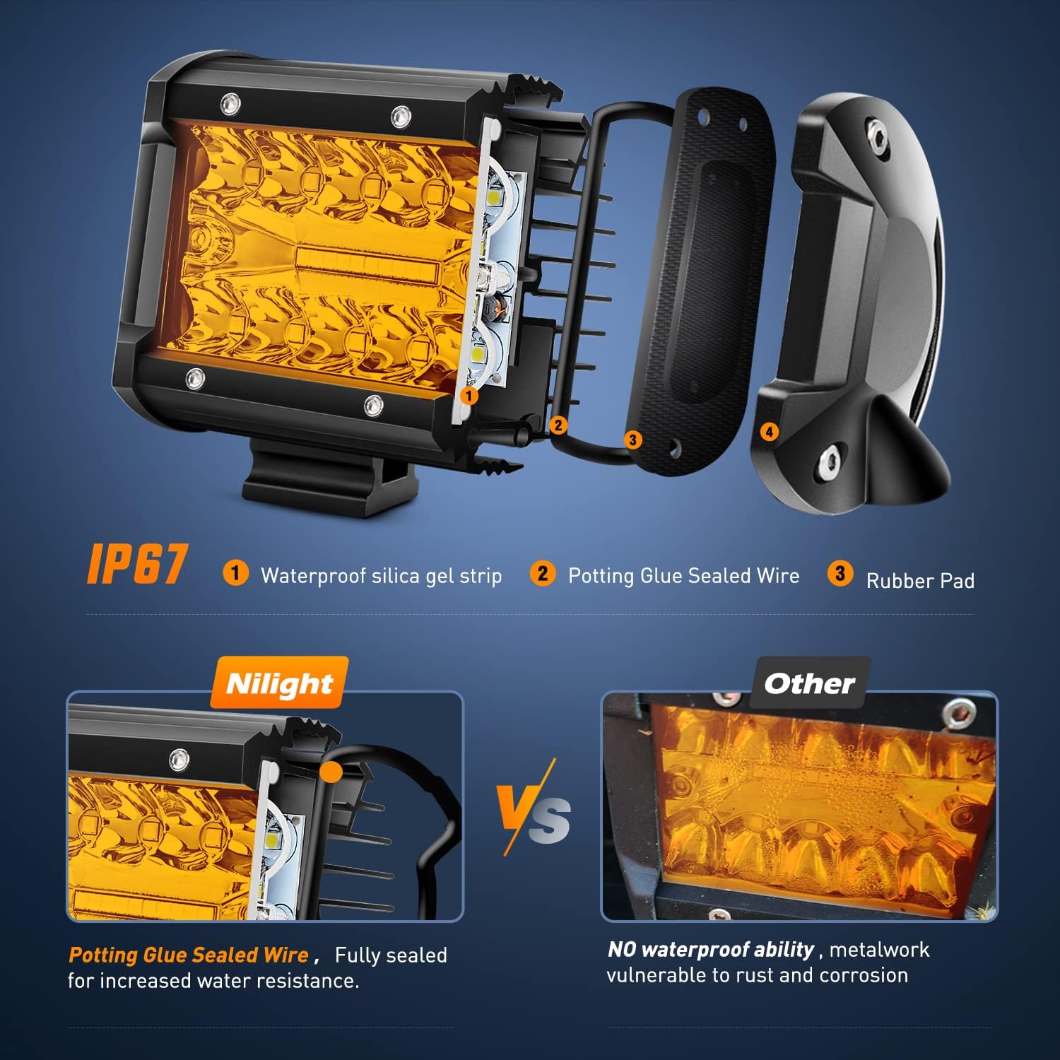 Nilight 2PC 4Inch Amber Led Pods Triple Row 60W Flood Spot Combo Driving Fog Lights with 16AWG Wiring Harness-2 Leads for Offroad Pickup Trucks Jeep ATV UTV SUV, 2 Years Warranty