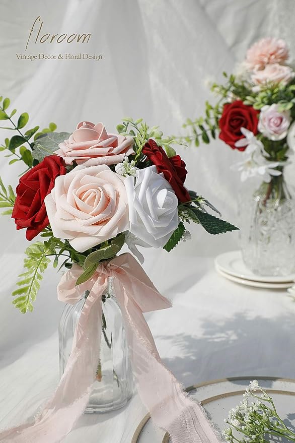 Artificial Flowers 25pcs Real Looking Dark Red Ombre Colors Foam Fake Roses - Image 2