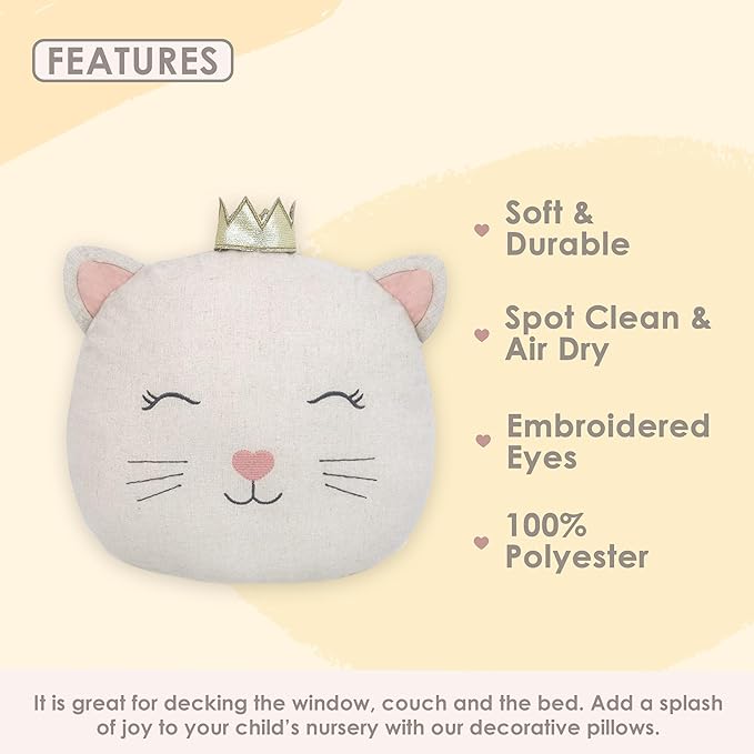 MON AMI Linen Kitty Accent Décor Pillow - 12”x 11”, Plush Cat Cuddle Cushion,Decorative Throw Pillow for Child’s Nursery,Bed or Couch, Cute Room Décor