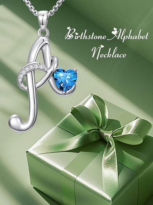 Valentines Day Gifts for Women Alphabet A to Z Initial Birthstone Pendant Necklaces for Women - 18k White Gold Plated Personalized Name Jewelry Valentine Mothers Day Birthday Gifts for Women Her Girlfriend