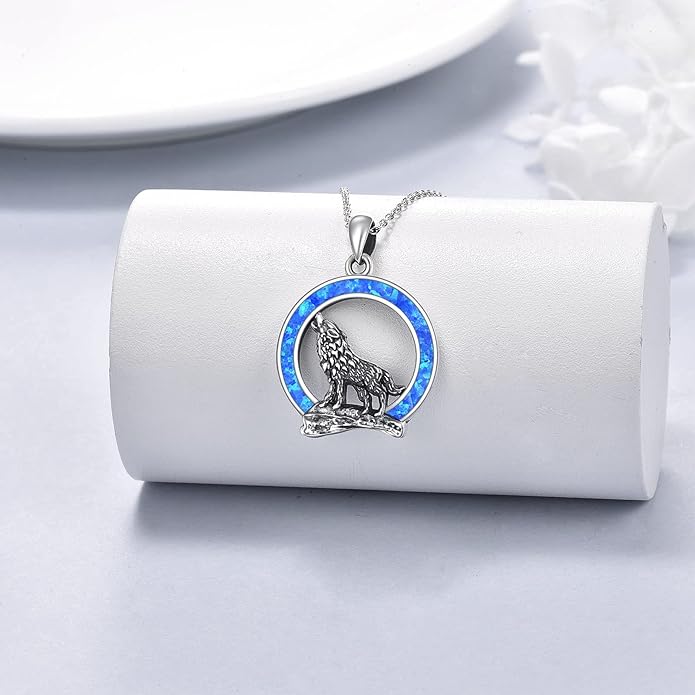 YFN Wolf Necklace Gifts for Men Women Sterling Silver Opal Moon Wolfs Jewelry Birthday 18+2"