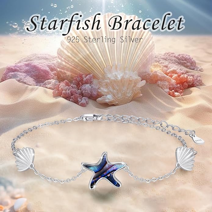 Cuoka Abalone Starfish Bracelet for Women S925 Silver Plated Adjustable Shell Sea Beach Ocean Bracelet Summer Beach Jewelry