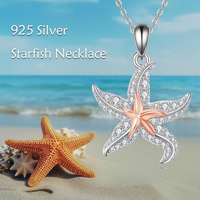 TIGER RIDER Ocean Necklace Sterling Silver Starfish Pendant Necklace Cubic Zirconia Starfish Jewelry Birthday Gifts for Women Ocean Lovers