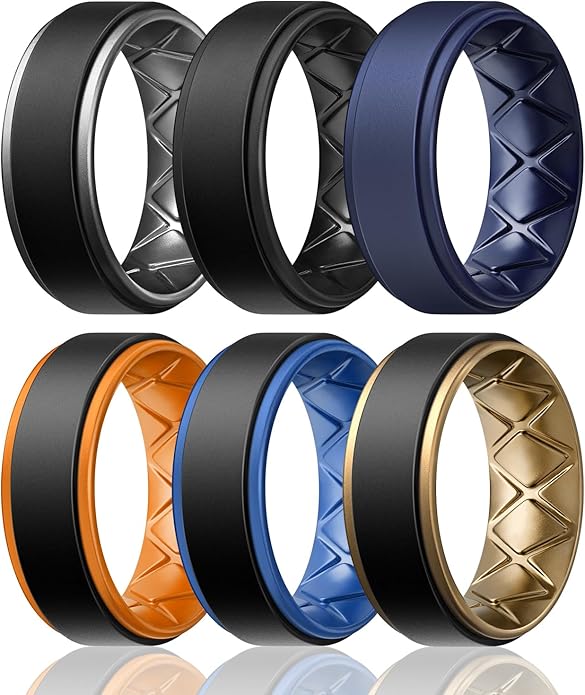 Egnaro Silicone Rings for Men 1/4/5/6/7 Multipack of Breathable Mens Silicone Rubber Wedding Rings Bands - Step Edge