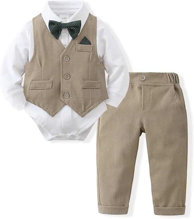 DISAUR Baby Boy Clothes Toddler Boy Outfits 4PCS Gentleman Dress Romper/Vest/Pants/Bow Tie Cotton Suit Sets