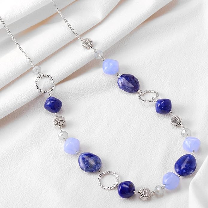 BULINLIN Beaded Long Necklace for Women Silver Sweater Chain Necklace with Crystal Resin Beads, Fashion Jewelry Necklace