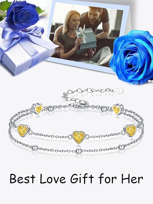 Birthstone Anklet/Bracelets for Women 925 Sterling Silver Charm Link Double Strand Heart Birthstone Jewelry Gift for Wife Women Mother's Day Gift