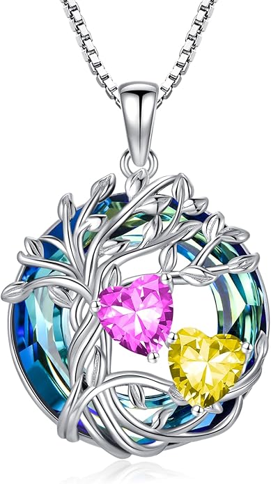 TOUPOP s925 Sterling Silver Family Celtic Tree of Life Pendant Necklaces with 2 Heart Birthstone with Blue Austrian Crystal Jewelry Birthday Valentines Day Gifts for Her, Anniversary Christmas Gifts for Wife Girlfriend Mom (18K Real White Gold Filled)
