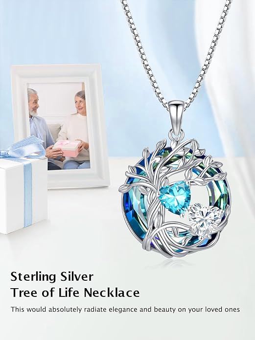 TOUPOP s925 Sterling Silver Family Celtic Tree of Life Pendant Necklaces with 2 Heart Birthstone with Blue Austrian Crystal Jewelry Birthday Valentines Day Gifts for Her, Anniversary Christmas Gifts for Wife Girlfriend Mom (18K Real White Gold Filled)