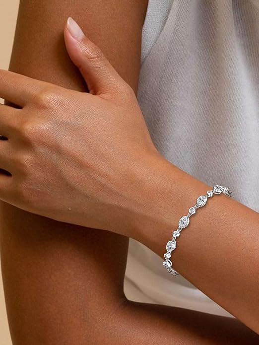 Oval Moissanite Link Bracelet for Women, 3.6cttw D Color VVS1 925 Sterling Silver Adjustable Oval Moissanite Bracelets for Mom Wife Birthday Jewelry Gifts