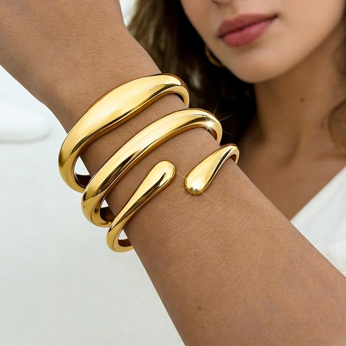 3Pcs Chunky Gold Bangles Bracelets for Women, Spring Hinged Big Stackable Bangles Set, Trendy Cuff Bracelet Stack Fashion Jewelry Gifts