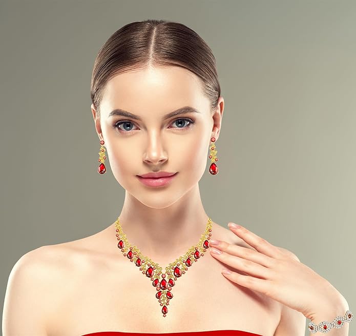 Wedding Bridal Bridesmaid Austrian Crystal Rhinestone Jewelry Sets Statement Choker Necklace Earrings Bracelets Sets for Wedding Party Prom