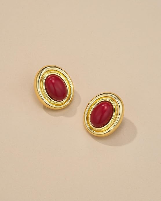 18K gold plated Medium Oval Button Chunky Statement Earrings for Women by SNGIA, (Turquoise, Carnelian, Aventurine, Amethyst, Malachite, Cat Eye, White, Cream) Bold Handmade Colored (Red, Blue, Green, White, Cream, Purple) Exaggerated Dome Retro Rounde...
