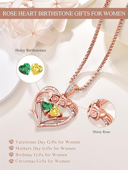 Rose Heart Necklaces for Women, Rose Gold Forever Love Jewelry with 2 Birthstones Pendant,Valentines Anniversarry Birthday Gifts for Her Wife Mom Grandma Daughter, 18+2 Inch Chain