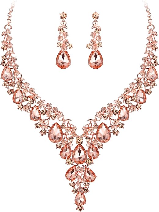 BriLove Women's Wedding Bridal Austrian Crystal Teardrop Flower Cluster Statement Necklace Dangle Earrings Jewelry Set for Party Prom