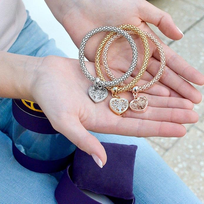 Crystal Charms Multilayer Bracelets - 3PCS Gold/Silver/Rose Gold Corn Chain Bracelet for Women, Tree of Life Heart Shaped Stretch Bracelet