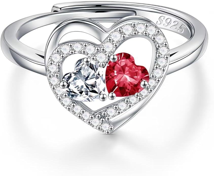 Iefil Adjustable Ring for Women - 925 Sterling Silver Double Birthstone Rings, Anniversary Birthday Gifts for Women Wife Her