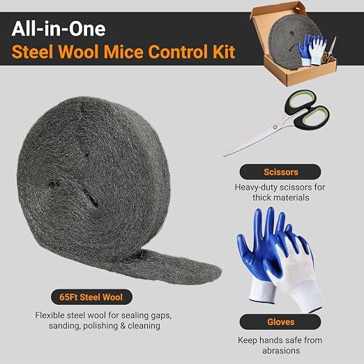 Steel Wool Mice Control, #4 Coarse Steel Wool 65Ft, Mouse Hole Filler DIY Kit - Image 2