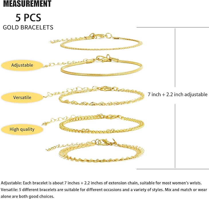 VIBILIA Dainty Gold Chain Bracelet for Women Trendy Stackable Adjustable Layered Metal Bracelet Gold Plated Twist Link Figaro Chain Paperclip Bracelets Fashion Jewelry