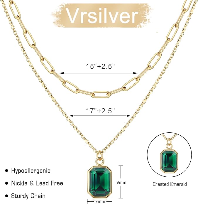 Layered Birthstone Necklace for Women Girls, 14K Gold-Plated Paperclip Chain Choker Necklace with Rectangle Birthstone Pendant Birthday Gifts for Women Girls Dainty Small