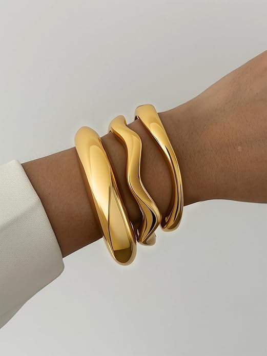 3Pcs Chunky Gold Bangles Bracelets for Women, Spring Hinged Big Stackable Bangles Set, Trendy Cuff Bracelet Stack Fashion Jewelry Gifts