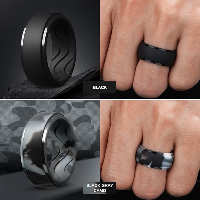 Egnaro Men's Silicone Rings 10mm Wide 2.5mm Thick, Rubber Wedding Bands with Inner Arc Ergonomic Breathable Design, 1/4/5/7 Variety Multipack