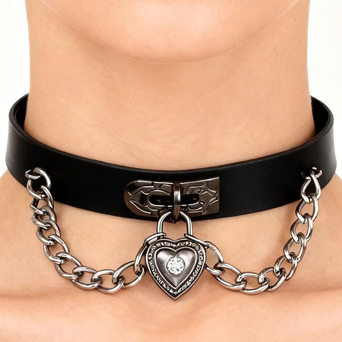 Goth Heart Chain Choker Necklace, Gothic Punk Grunge Emo Necklace, PU Leather Choker, Halloween Jewelry Gifts for Women