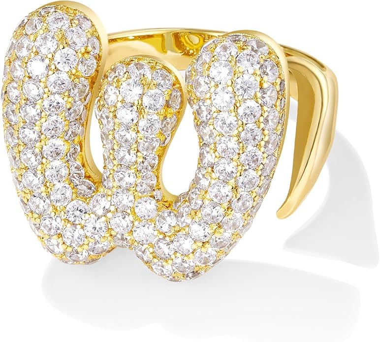 KissYan Bubble Initial Ring Valentines Day Gifts for Women, 14k Gold Plate Balloon Jumbo Letter Rings Open Adjustable Dainty Pave CZ Personalized Fashion Trendy Statement Jewelry