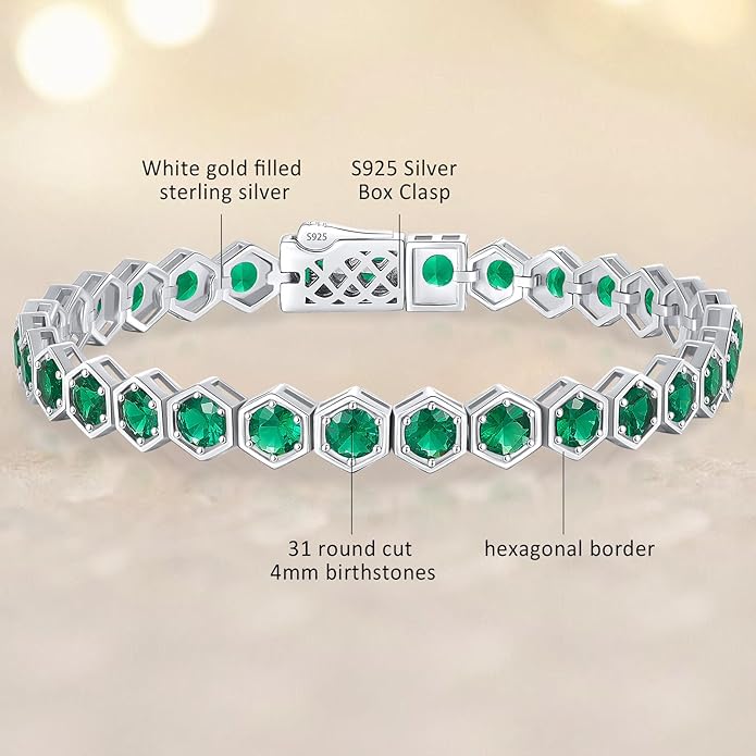 Birthstone Tennis Bracelets for Women Birthday Gifts 925 Sterling Silver Hexagon White Gold Bracelets Round Cut 5A Cubic Zirconia Prong Setting 7 Inch Anniversary Jewelry Gift