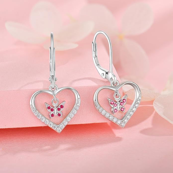 Butterfly Birthstone Heart Dangle Drop Earrings, 925 Strlings Silver 5A Cubic Zircon Leverback Earrings Jewelry Anniversary Birthday Gifts for Women