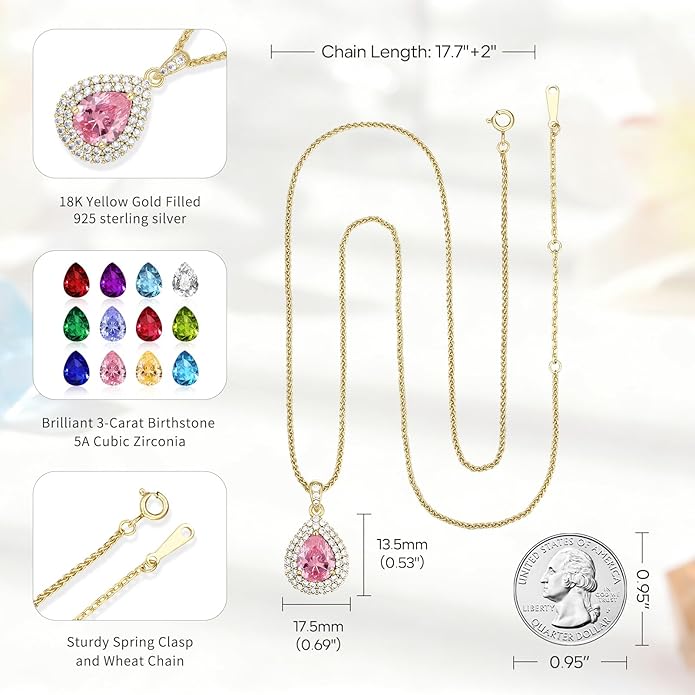 Valentine's Day Gift for Wife/Her-18K Gold Plated Teardrop Birthstone Necklace- with Light-Up Gift Box,Jewelry for Women,Anniversary Birthday Gifts for Women Her Wife Girlfriend Mom,Womens Jewelry