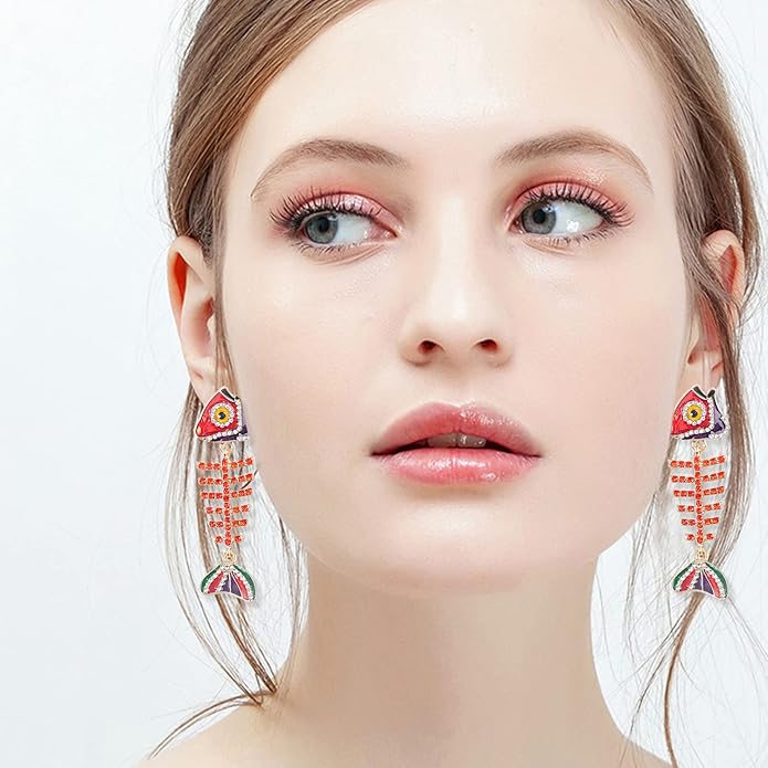 Creative Exaggerated Long Colorful Sparkly Crystal Fish Bone Dangle Drop Earrings Vintage Gold Cute Enamel Diamond Animal metal Stud Earrings