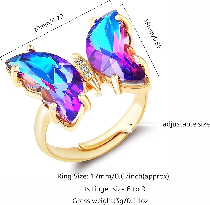 MISS RIGHT Butterfly Crystal Jewelry Set with Butterfly Necklace Stud Earrings Bolo Bracelet Adjustable Ring for Women Trendy, Iridescent Y2K Dainty Butterfly Jewelry Gifts