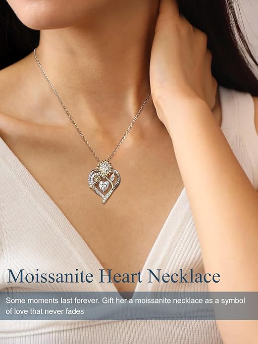 S925 Silver Moissanite Necklaces for Women, Anniversary Birthday Gifts for Wife Mom Her, Christmas Jewelry Gifts for Her, Moissanite Heart Pendant, Sunflower Heart Necklace