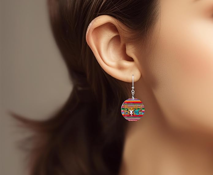 Round Wood Earrings Light Weight Printed Image Dangle Jewelry