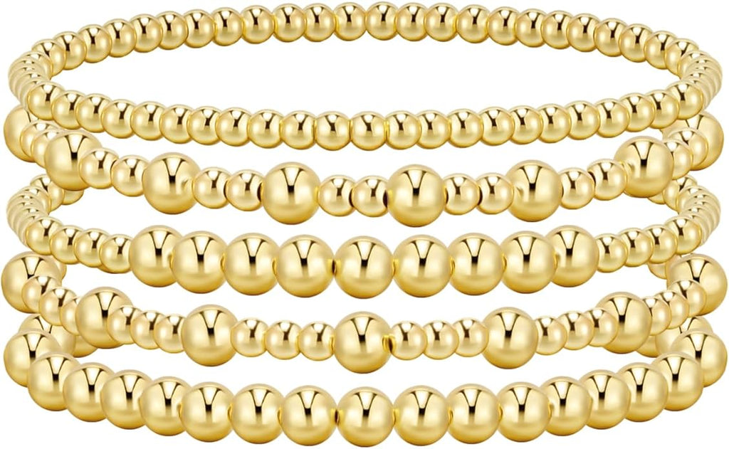 adoyi Gold Bracelets for Women Beaded Bracelet 14K Gold Plated Bracelet Stack Strand Stretch Bead Ball Bracelet Set Stackable Bracelet Adjustable Bracelet Set Jewelry for Gifts