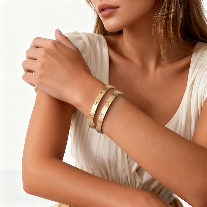 2Pcs 18K Gold-Plated Love Bangle Bracelets set for Women, Stainless Steel Cubic Zirconia Bangle Crystal Friendship Jewelry, Easter Wedding Birthday Gifts for Girlfriend, Wife, Monther