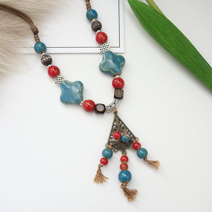 Boho Style Colorful Ceramic Bead Strand Necklace Adjustable Bohemian Jewelry Gift for Women, Fashion Clothing Matching Necklace