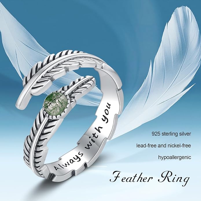 Turquoise/Moss Agate/Moonstone/Black Onyx/Lapis Lazuli/Labradorite/Tiger Eye Feather Ring 925 Sterling Silver Adjustable Ring Western Thumb Rings Vintage Jewelry Gifts for Women