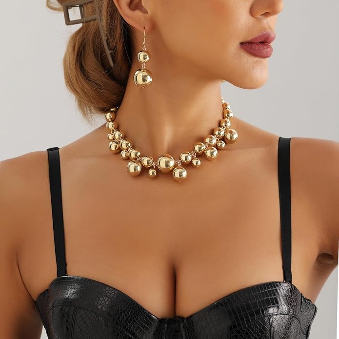 Chunky Gold Beads Necklaces for Women,Vintage Exaggeration Necklace Statement Punk Big Thick Beaded Necklace Fashion Classic Jewelry