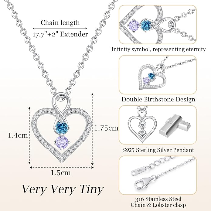 LOUISA SECRET Infinity Double Birthstone Necklace, 925 Sterling Silver Tiny Pendant Heart Necklace for Women Wife Her, Best Jewelry Gift Heart Jewelry Meaningful Gift for Valentine's Day, Christmas, Birthday Anniversary