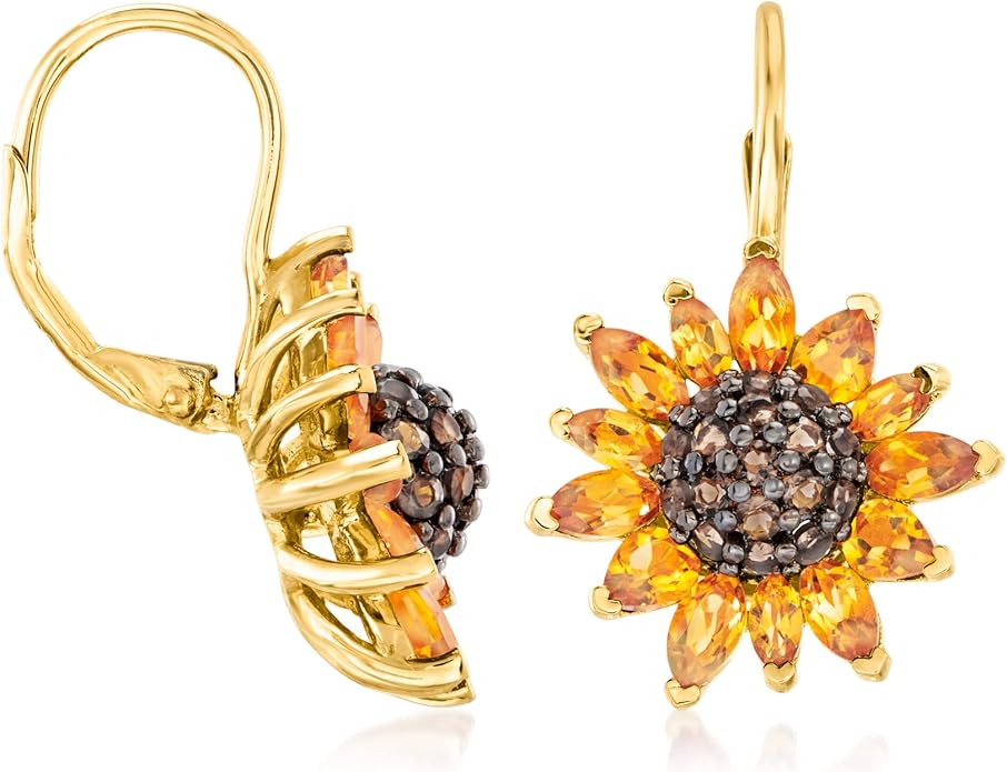 Ross-Simons 3.50 ct. t.w. Citrine and .80 ct. t.w. Smoky Quartz Sunflower Drop Earrings in 18kt Gold Over Sterling