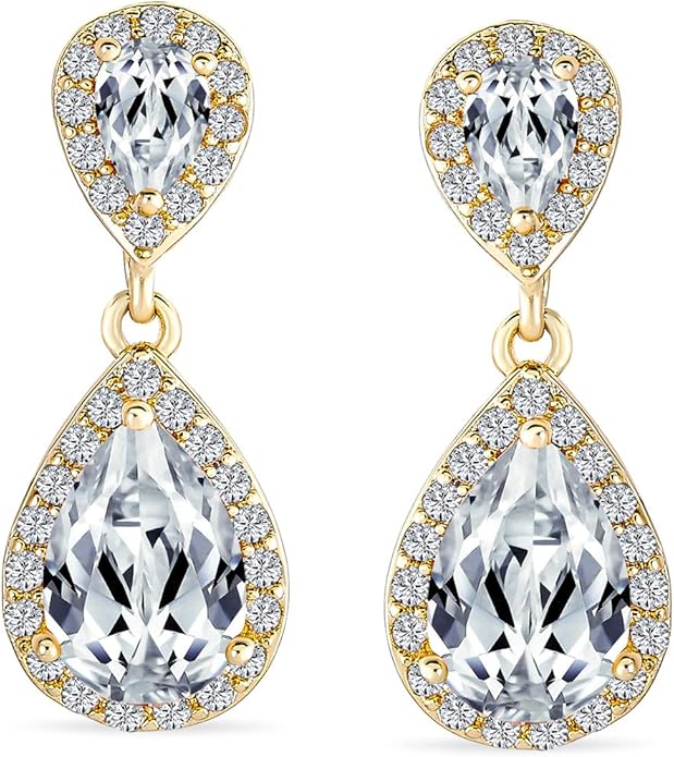 Vintage Style Bridal Cubic Zirconia Simulated Gemstone AAA CZ Halo Dangle Teardrop Chandelier Clip On Earrings For Women Silver Rose Gold Plated in Black Purple Blue Red Rose Pink Green Clear