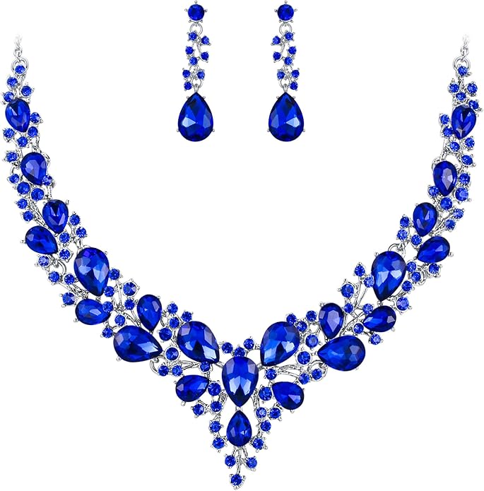 BriLove Women's Wedding Bridal Austrian Crystal Teardrop Cluster Statement Necklace Dangle Earrings Jewelry Set