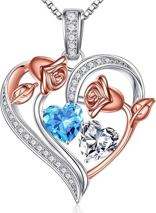 Iefil Valentines Day Gifts for Her - 925 Sterling Silver Rose Heart Necklace, Birthstone Jewelry, Anniversary Birthday Gifts for Wife Girlfriend Mom Daughter