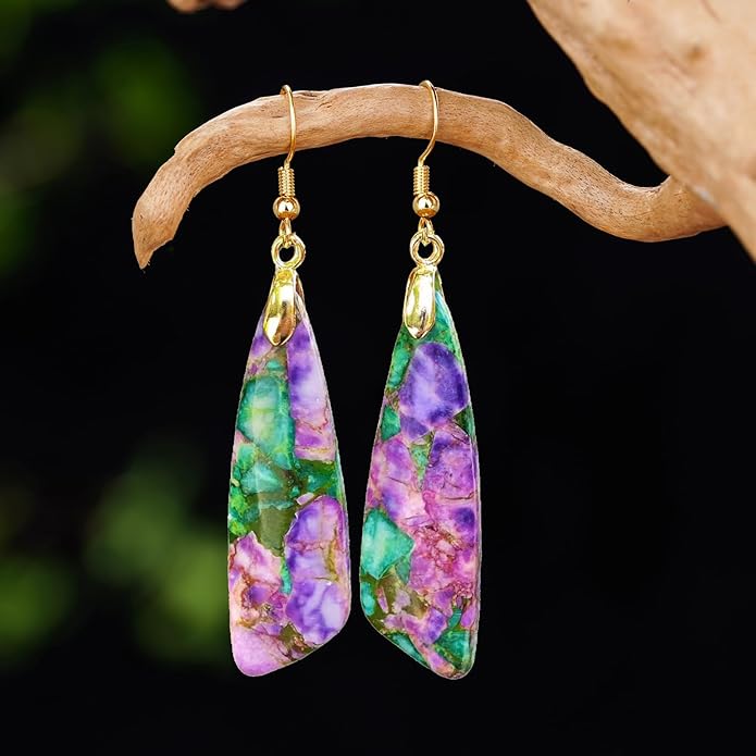 Boho Women Natural Stone Earrings Unique Healing Imperial Jasper Gemstone Energy Hypoallergenic Lightweight Dangle Drop Earrings Multiple Styles Earrings Jewelry for Birthday Party Gift