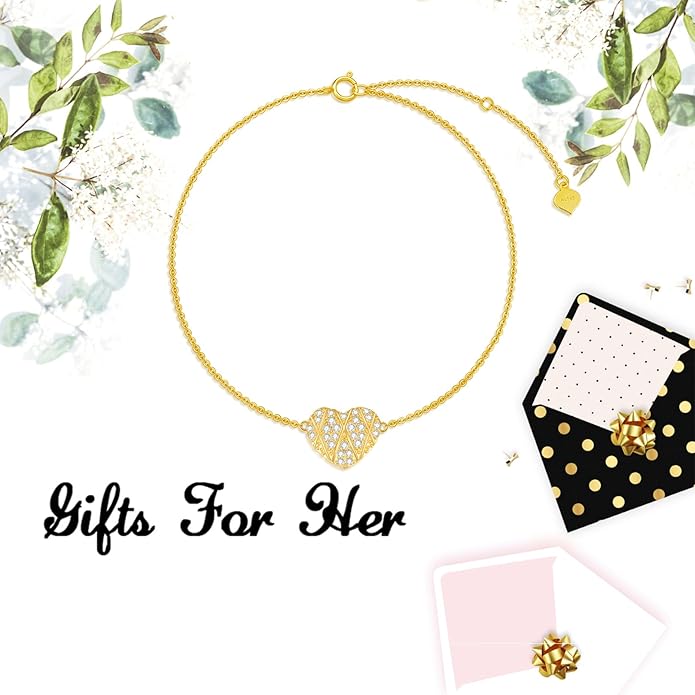 SISGEM 10k Gold Created Moissanite Heart Anklets for Women, love Ankle Bracelet Gifts for Her, 9.4-11.0 Inches