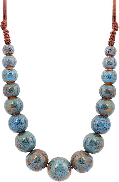 MINACHI Hippie Boho Colorful Ceramic Round Beads Strand Necklace, Bohemian Fashion Statement Jewelry Gift for Women